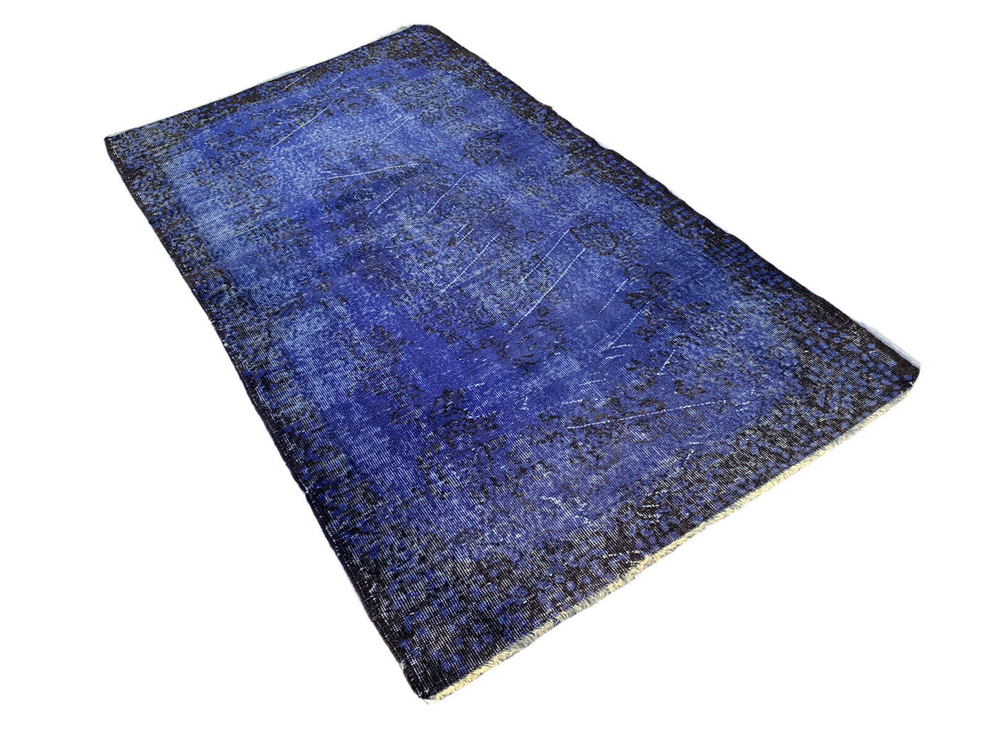 Distressed Overdyed Türkischer Teppich 212 x 117 cm Vintage Wolle Blau Medium