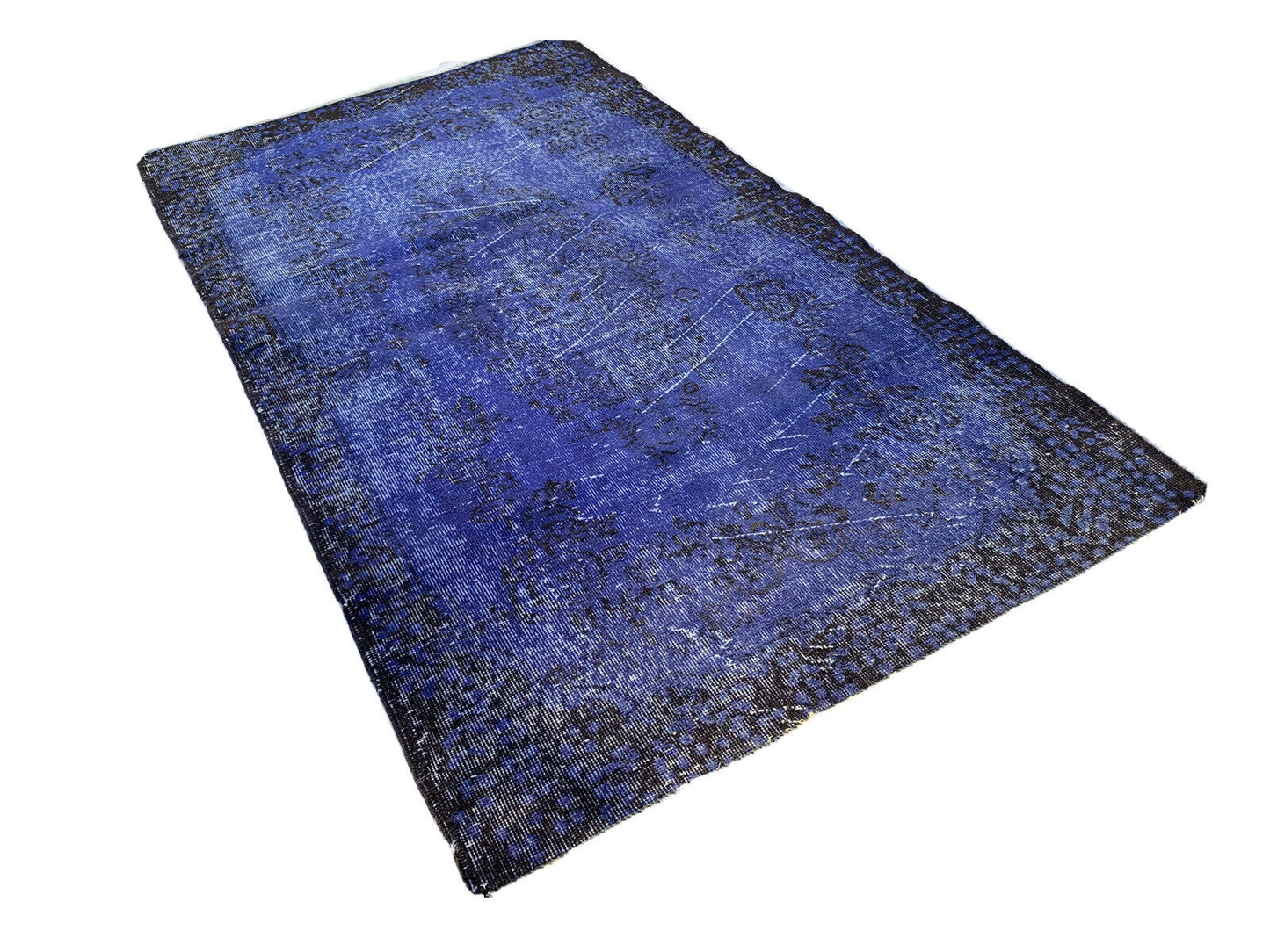 Distressed Overdyed Türkischer Teppich 212 x 117 cm Vintage Wolle Blau Medium